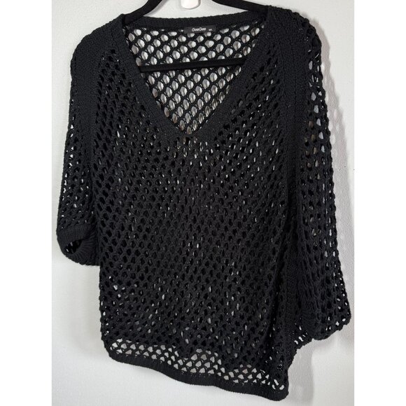 GeeGee Womens Black Crohet Sweater M/L V-Neck 3/4 Sleeve Swim Cover Up Beach - Picture 1 of 9